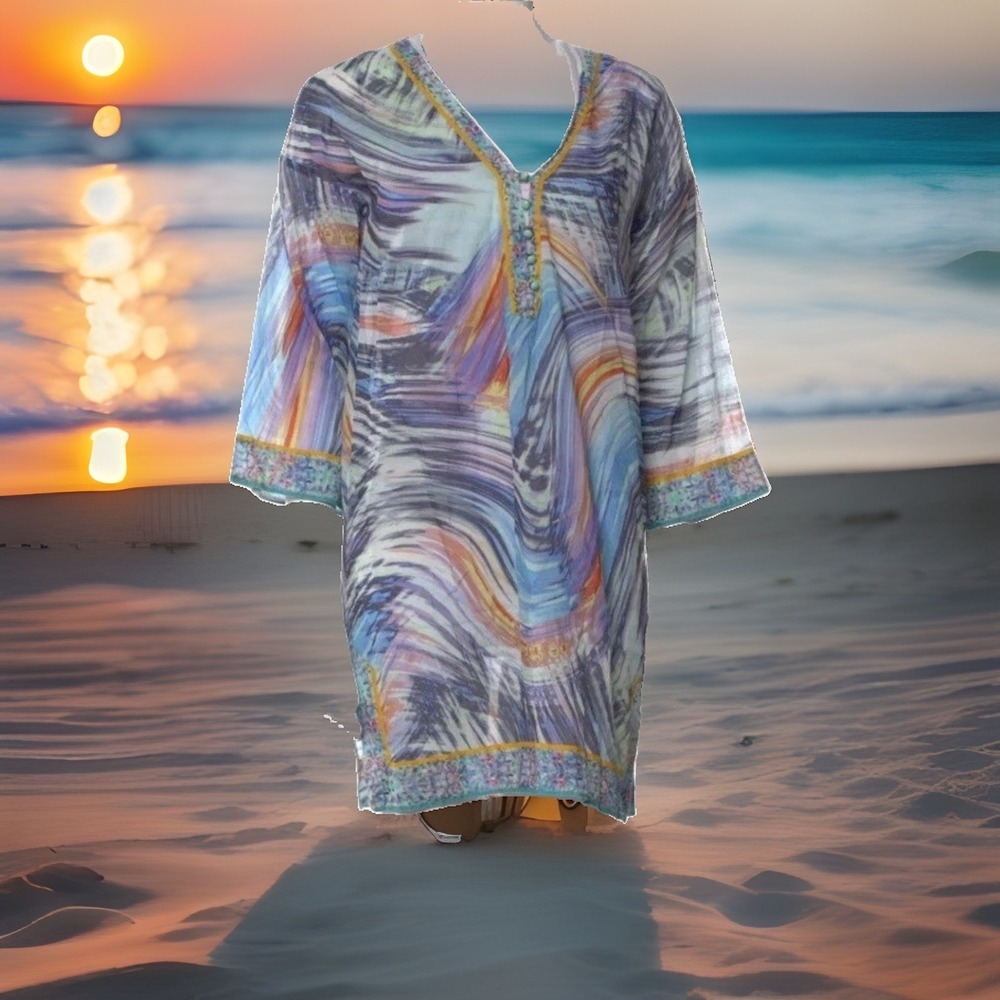 Eres Size L/XL Abstract Print V-Neck Kaftan Tunic Mini Dress Beach Swim Coverup